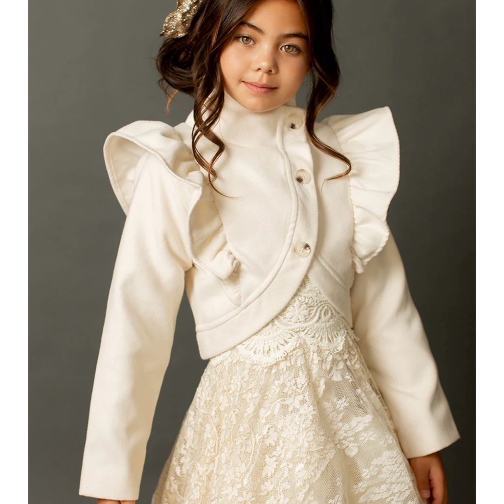 Joyfolie Cream Blazer with Ruffled Shoulders and High Collar